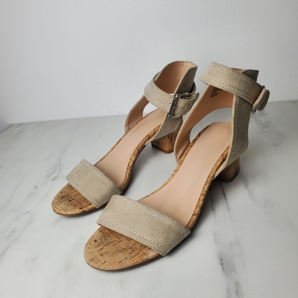 Sears faux suede ankle strap cork heel sandals - Picture 2 of 6